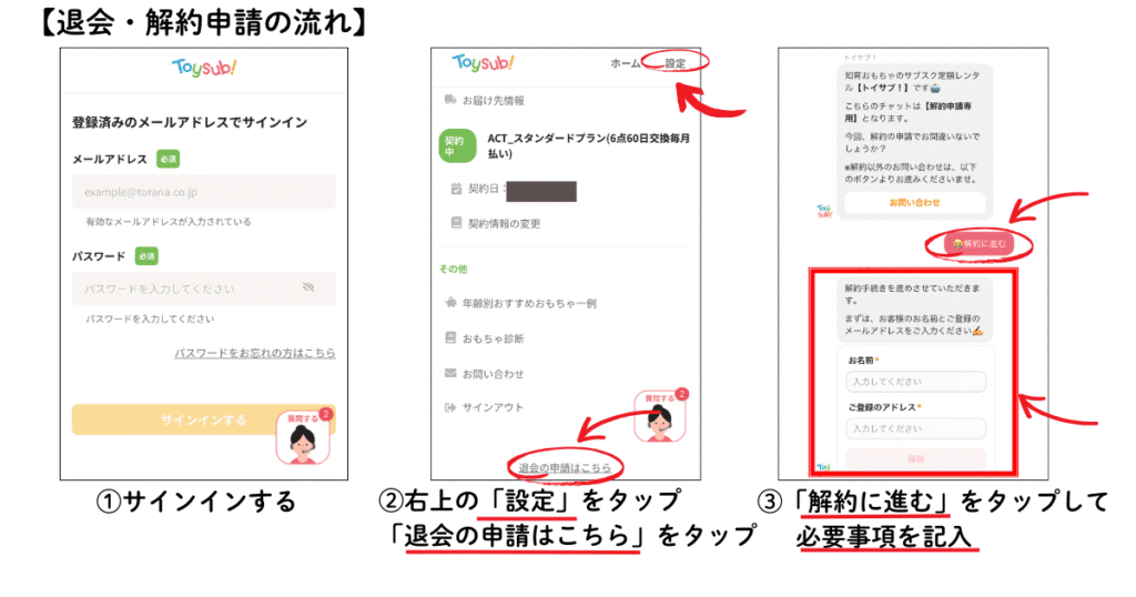 トイサブ退会・解約申請の流れ